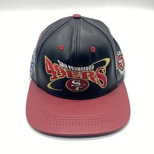 Vintage 90s San Francisco 49ers Black / Red Leather Cap Hat NFL SnapBack USA